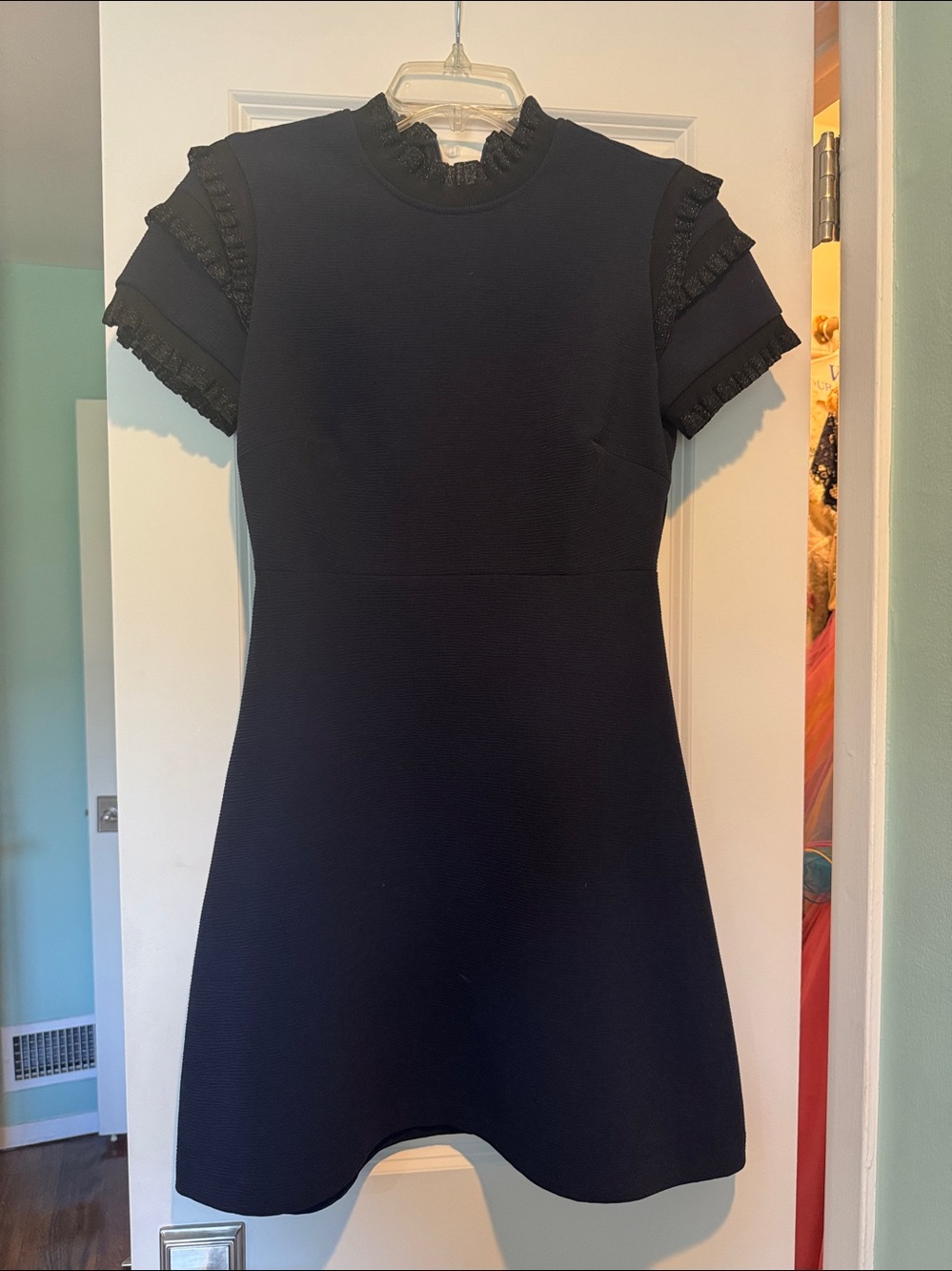 Sandro Black Short-Sleeve Ruffled Trim Mini Dress